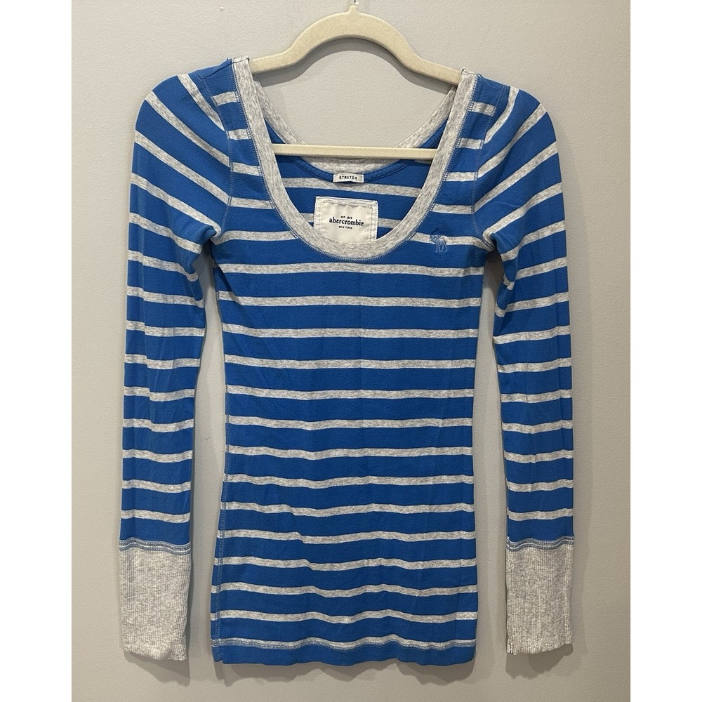 Abercrombie & Fitch Y2K Striped Long Sleeve Shirt Top L Blue Grey Stretch Preppy